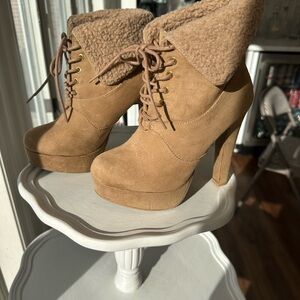 Wild Diva Camel Heeled Boots with Plush Collar